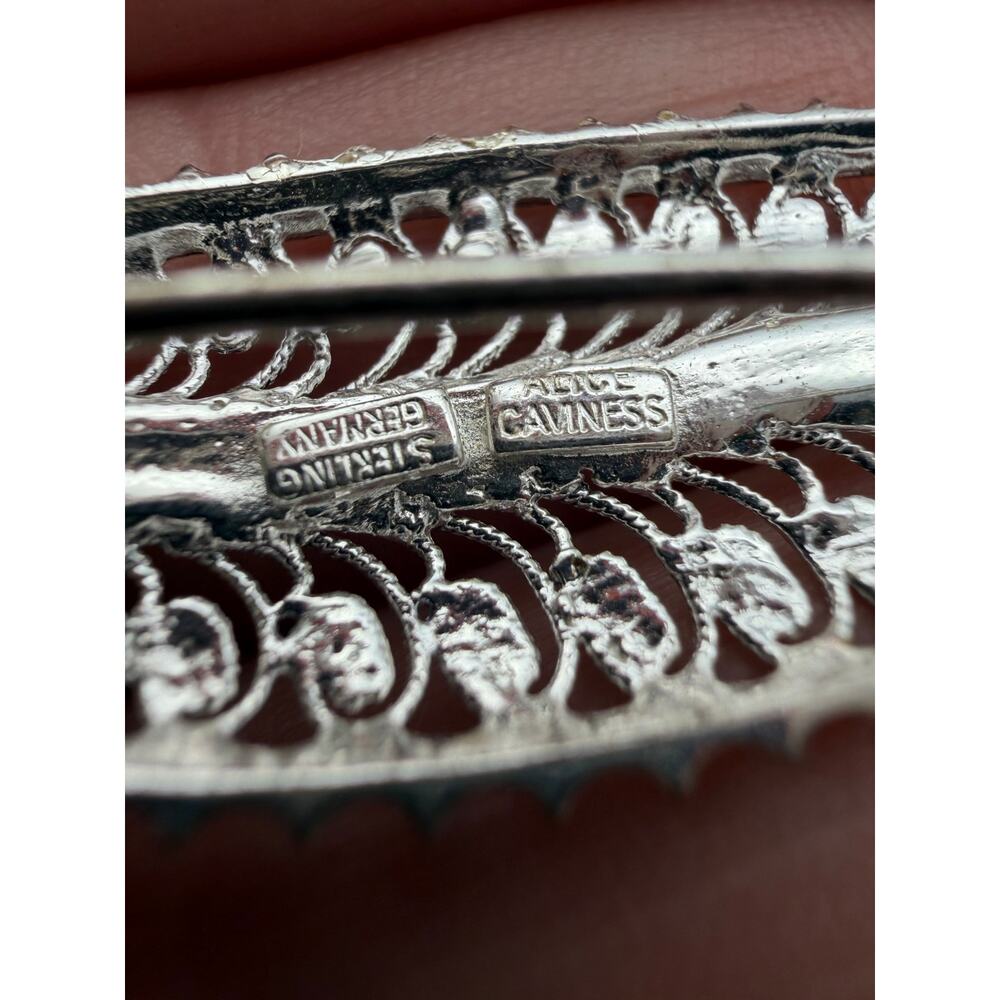 ALICE CAVINESS 925 Sterling Silver Antique Germany Feather Filigree Pin Brooch - Picture 2 of 4